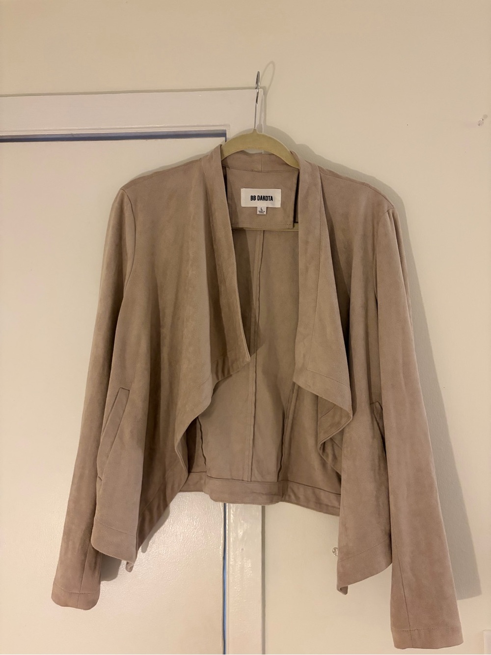 BB Dakota Taupe Suede Draped Open Front Jacket